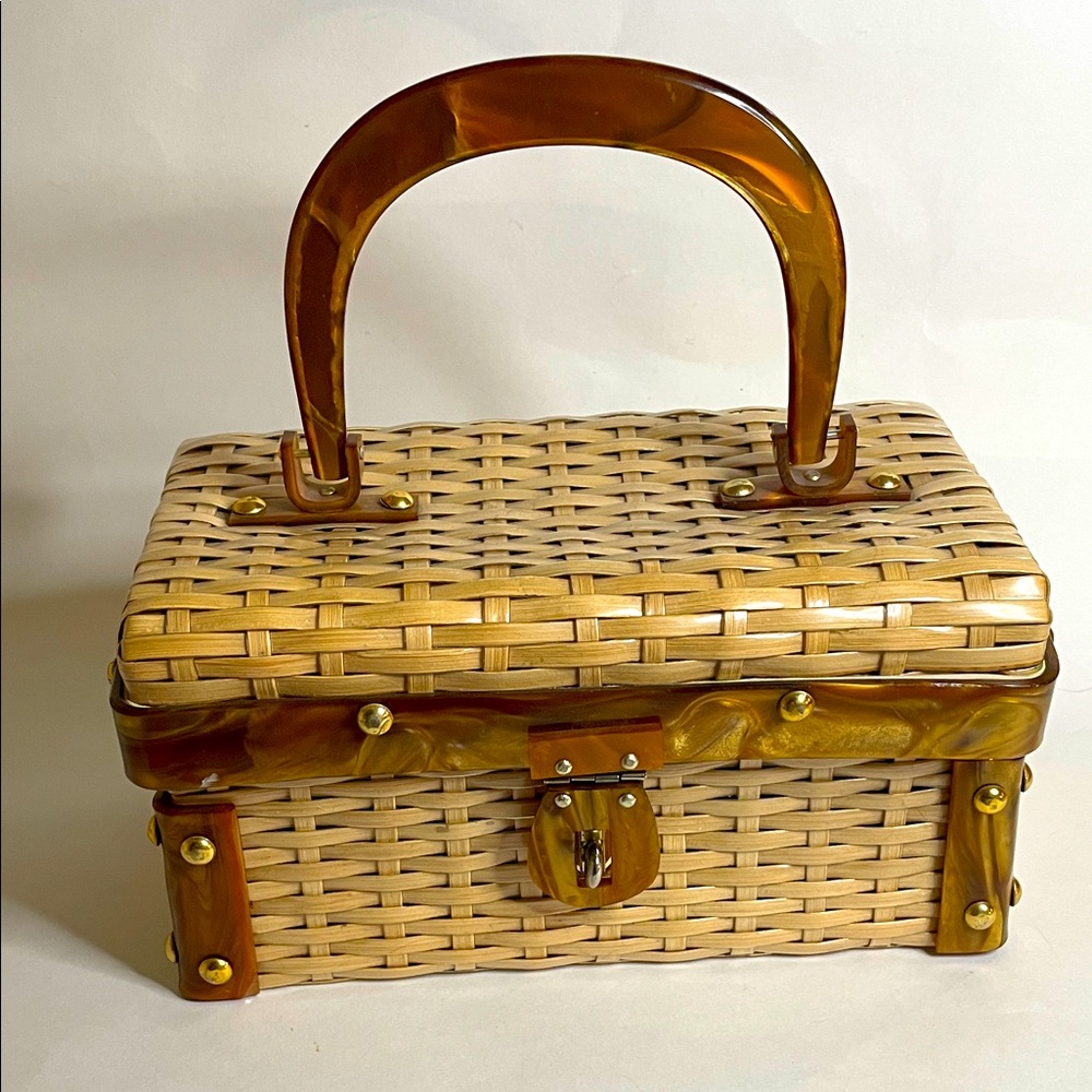 Simon Basket Purse Faux Tortoise Shell Lucite Handle & Trim Brass Accents 50's